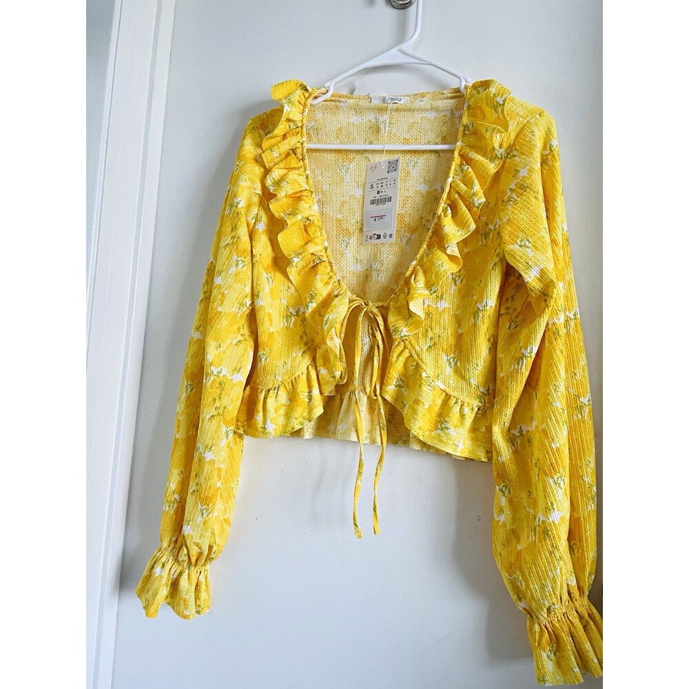 Zara Women's S Yellow/White Floral V-Neck Long Sleeve Cropped Tie Ruffle Blouse